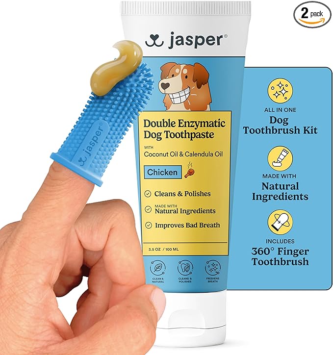 Jasper Dog Tooth Brushing Kit and Dog Toothpaste Kit 360 Dog Toothbrush Enzymatic Plaque Remover Imporves Bad Breath Natural Pet Toothpaste Dog Toothbrush and Toothpaste 2 oz Chicken Flavor