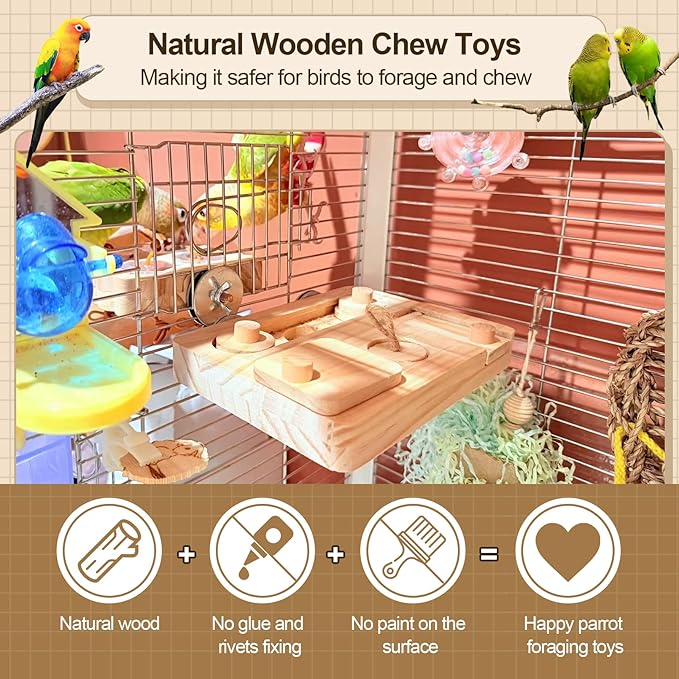 2PCS Wooden Bird Foraging Puzzle Toys Interactive Parakeet Enrichment Foraging Toy for CageBird Slow Feeder Parrot Chewing Toy for Pets, Bird Perches Stand for Sun Conure and Small Sized Birds
