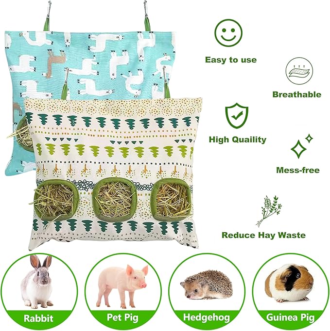 Lesnala 2pcs Bunny hay feeder Rabbit hay feeder bag Hanging guinea pig hay bag Large capacity cotton canvas fabric hay bag for Rabbits Bunny Chinchillas Hamsters and Other Small Pets(3 Holes,2 styles)