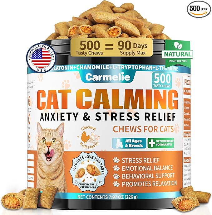 Cat Calming Treats, 500 Crunchy & Creamy Calming Cat Treats with Melatonin, Chamomile for Cats Stress and Anxiety Relief - Travel, Boarding, Vet Visits, Separation Anxiety, Chicken and Krill Flavored
