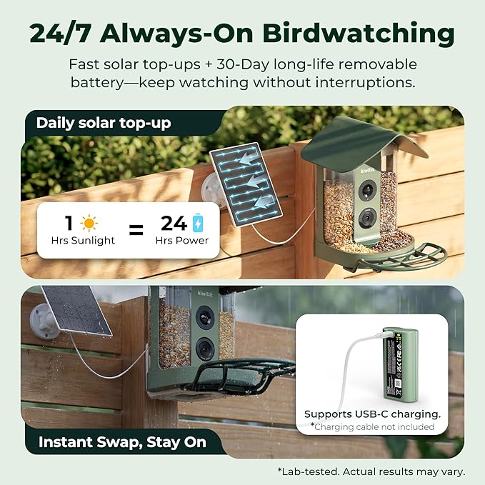 Kiwibit Smart Bird Feeder with Camera, Solar Powered for Outdoors, Bird Species AI Identification, 8MP Photo, 4K Video Livestream, Real-Time Bird Alert, Birdwatching Gift for Bird Lovers, Forest Birch
