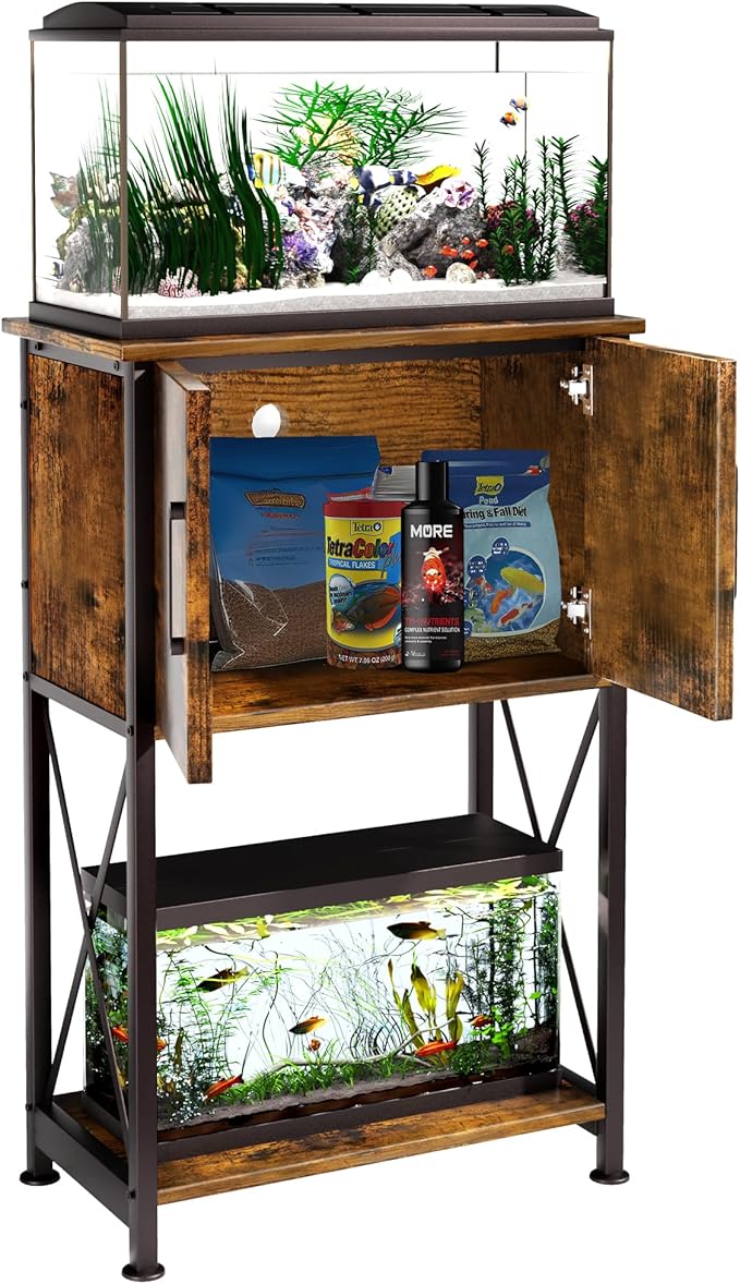 Herture 5-10 Gallon Fish Tank Stand, Metal Double Aquarium Stand with Cabinet for Fish Tank Accessories Storage, Heavy Duty 20.5" L* 11.02" W Tabletop, 500LBS Capacity Rustic Brown and Black PG06YGN