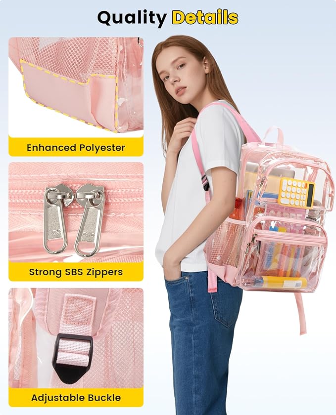 Vorspack Clear Backpack for School - Heavy Duty See Through Bookbag for Girls Boys Extra Large Transparent Backpacks for Work, Travel - Pink