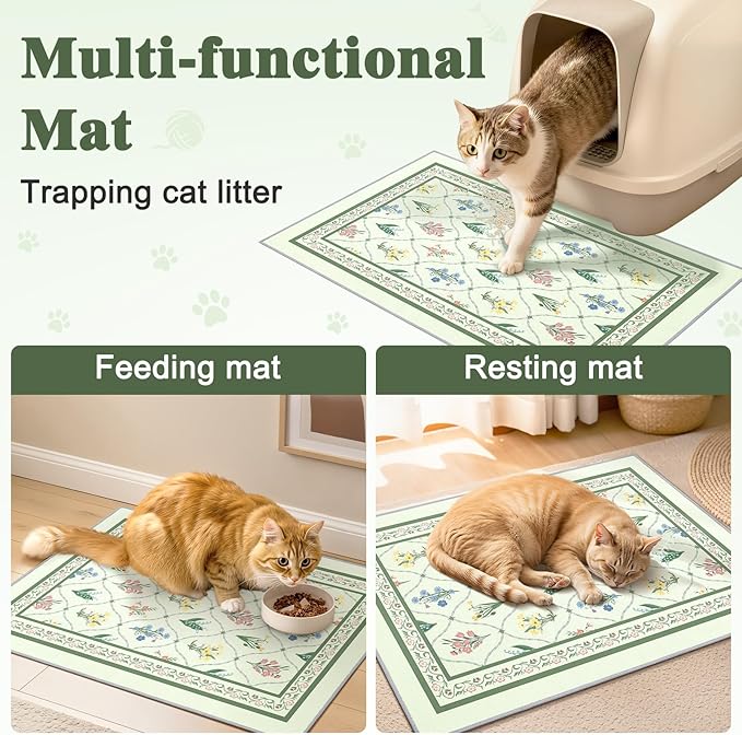 Bienbee Cat Litter Mat, 2PCS 33"x22" Machine Washable Litters Box Mats Non-Slip &Waterproof Cat Litters Trapping Mats Easy to Clean Mat for Litter Box Less Waste Protects Floors Bean Green Branch L