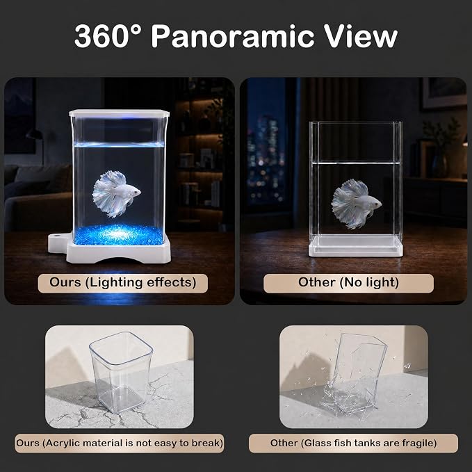 0.5 Gallon Betta Fish Tank Aquarium Starter Kit with Light and Lid(White) | Premium Acrylic Aquarium with Light and Lid, Crystal Clear Starter Kit for Betta Fish, Shrimp, Snails and Small Fish