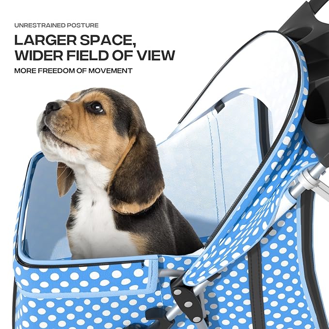 Pet Stroller for Small Dogs 10 lbs, Dog Stroller for Medium Dogs 30 lbs, Cat Strollers for 2 Cats, 3 Wheels Foldable Jogger Puppy Stroller with Storage Basket and Cup Holder, Blue Polka Dots