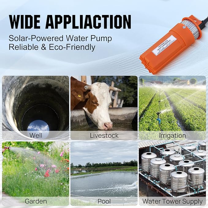 ECO-WORTHY 24V Submersible Deep Well Water Pump with 10ft Cable 1.6GPM 4'' 5A, Max Lift 230ft/70m, DC Pump/Alternative Energy Solar Battery Farm & Ranch Submersible Deep Well Pump