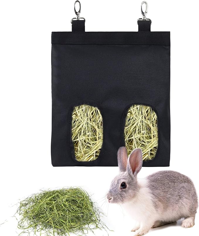 Rabbit Hay Feeder Bag Guinea Pigs Hanging Hay Rack Manger Holder Dispenser Small Animal Feeder Storage Pouch for Bunny Chinchilla Hamster (Black, 2 Windows)