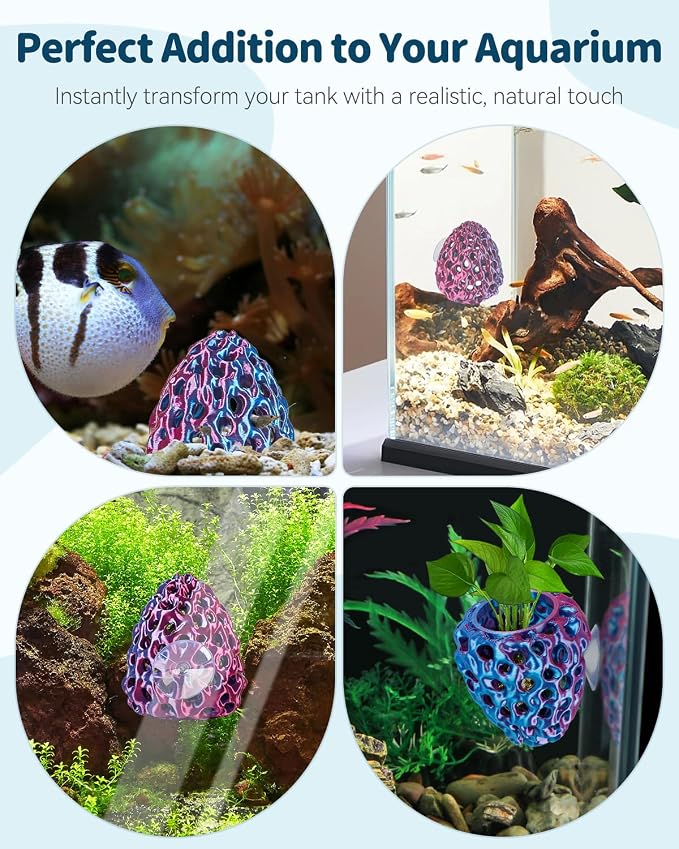 Uniclife Shrimp Hides for Aquariums, Realistic Plastic Aquarium Coral Rock Decorations with Suction Cups, Blue-Violet