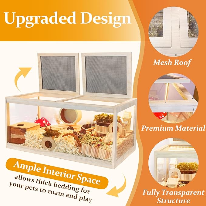 PROLEE Hamster Cage with Metal Mesh Top, Chewproof Wooden Guinea Pig Cages, Mice and Rat Habitat,Large Hamster Cages with Acrylic Sheets Solid Built (40X20X20 Inch)