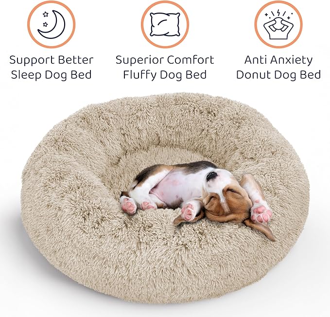 Donut Dog Bed - Premium Comfort for Anxiety Relief - Fluffy & Calming Design with Ultra-Plush Support | Cozy Round Dog Bed with Super Soft Circle Style (Beige, Small)
