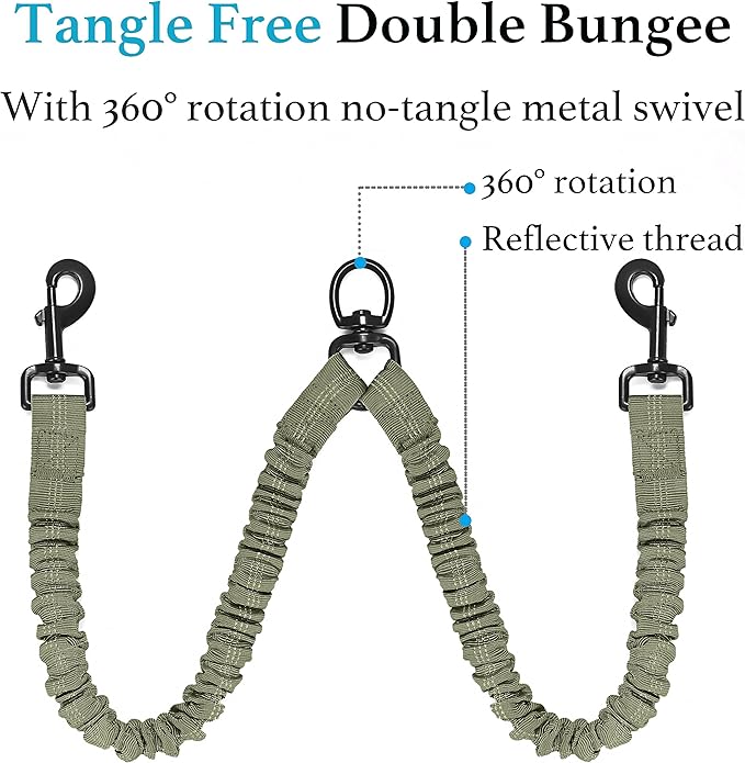 iYoShop Dual Dog Leash - 360° Swivel, No Tangle Walking Leash with Shock Absorbing Bungee for Two Dogs (Medium, 8-35 lbs, Military Green)