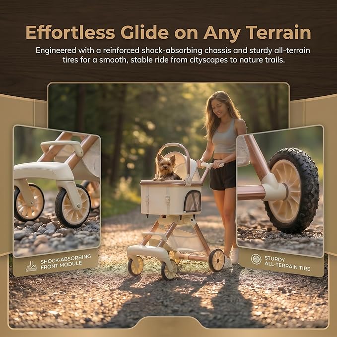 All-Terrain Pet Stroller for Small Medium Dogs & Cats, 20 lbs Capacity - Portable Carrier with One-Touch Brake, Lightweight Foldable Design & Shock Absorption Wheels,Beige