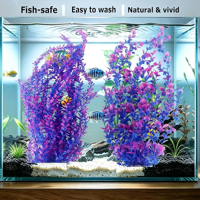 2 PCS Artificial Plants for Aquarium,23" Tall Fish Tank Plant Decor | Large Freshwater & Saltwater Lifelike Soft Plastic Plant Fish Tank Accessories with Stable Base(Purple)
