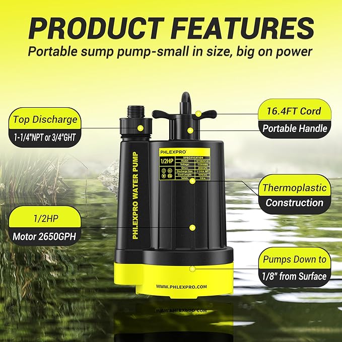 Sump Pump 1/2HP Submersible Water Pump, 2650GPH Utility Pump Thermoplastic Electric Portable Transfer Pump for Swimming Pool Garden Pond Basement with 16.4ft Long Power Cord