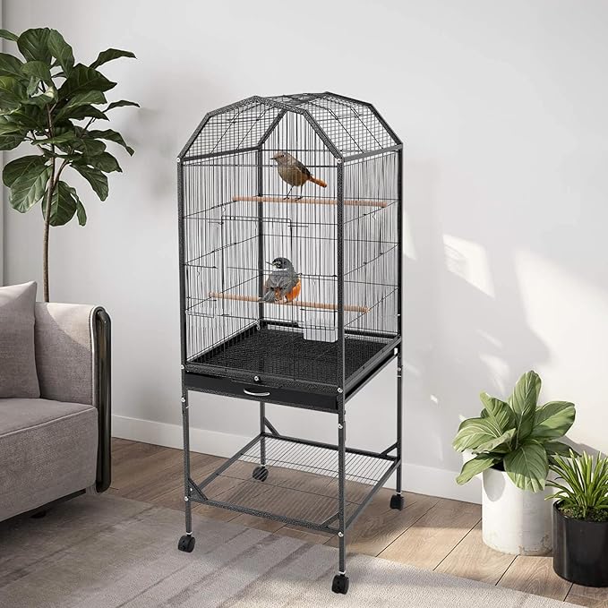 53.5 Inch Iron Bird Cage, Large Parakeet Cages with Play Open Top and Rolling Stand, Bird House with Detachable Stand and Pull-Out Tray for Cockatiels, Parrots, Lovebirds, Canaries (Black, Style B)