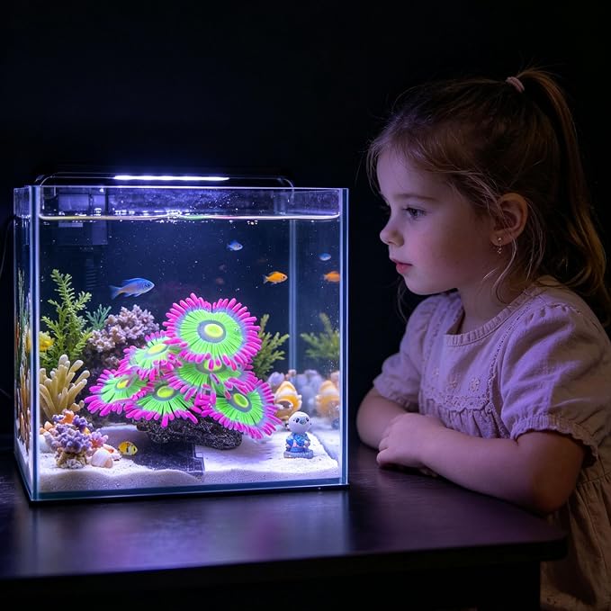 ZtohPyo Glow Fish Tank Decorations, Soft Silicone Coral for Small Aquariums | Soft, fin-friendly neon pink and green silicone coral glows under blue or purple light; its 5.5 oz weighted base stays put.