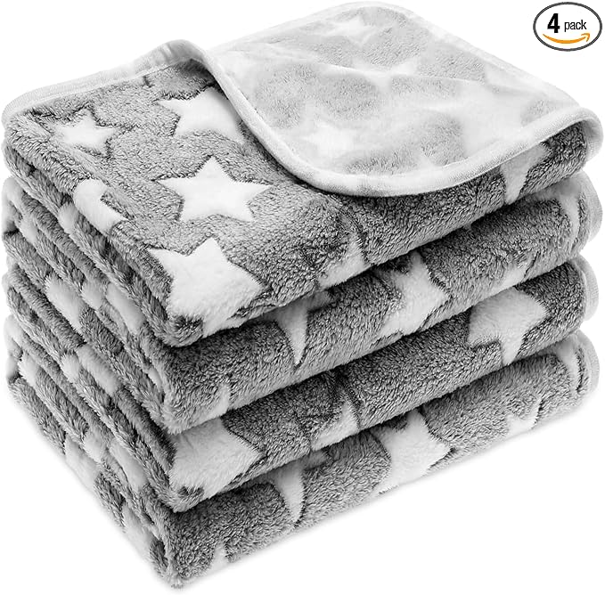 Tatuo 4 Pack Fleece Dog Blankets for Puppy Cats Multi-Size Sleep Mat for Pet Guinea Pig Soft Washable Crate Bed Puppy Teething Toys Print Pattern Warm Blanket Indoor(White,Grey,24 x 16 Inch,Star)