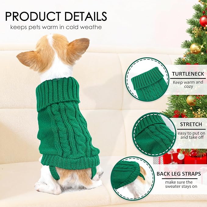 Small Dog Sweater. 2 Pack Turtleneck Christmas Dog Sweaters for Small Dogs, Winter Knitwear Pet Clothes Cat Sweater Puppy Outfits for Chihuahua Yorkie, Green and Purple, S