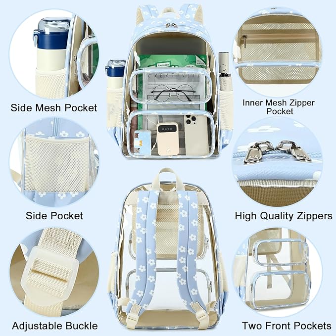 CAMTOP Clear Backpack Heavy Duty Transparent Bag See Through BookBag for Student School Work Festival Sport Travel (Blue Flower)