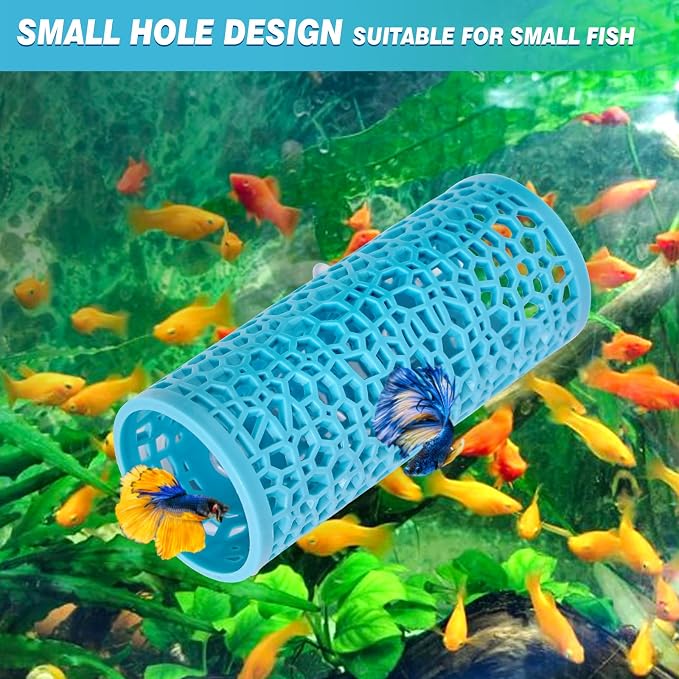 Abizoo Betta Fish Tunnel Hideout, Hollow Coral Aquarium Decor, Light Blue | Betta Hideaway Cave, Suction Cup Mount, Aquarium-Safe Material, Shelter for Shrimp Guppies Tetras Danios, Fish Tank Accessory