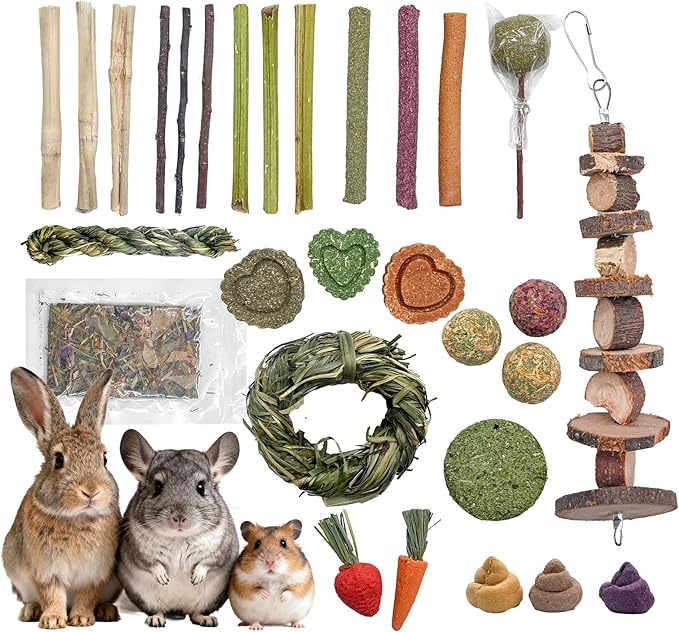 Rabbit Chew Toys, Treats for Guinea Pigs & Hamsters - Natural Chew Sticks & Balls Set for Small Animals, Dental Care Treats for Chinchillas, Bunny - 20+ Toys for Teeth Health (30 Pieces)