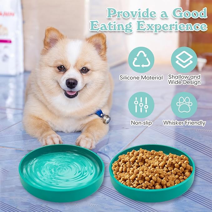 Silicone Dog Bowl Shallow Cat Food Bowls 7" Wide Puppy Plates Whisker Fatigue Pet Feeding Dishes for Dry Food and Wet Food Indoor (Round Green)