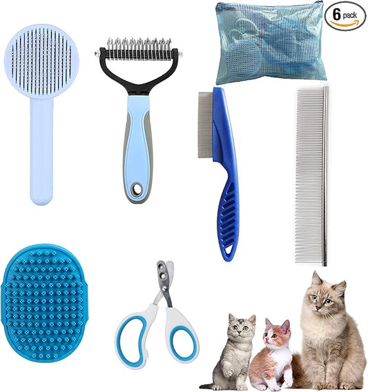 Cat Grooming Brush Kit 6 Tools - Deshedding & Dematting for Long/Short Hair, Self-Cleaning Slicker Brush with 6-in-1 Flea Comb for Cats & Kittens (Blue)