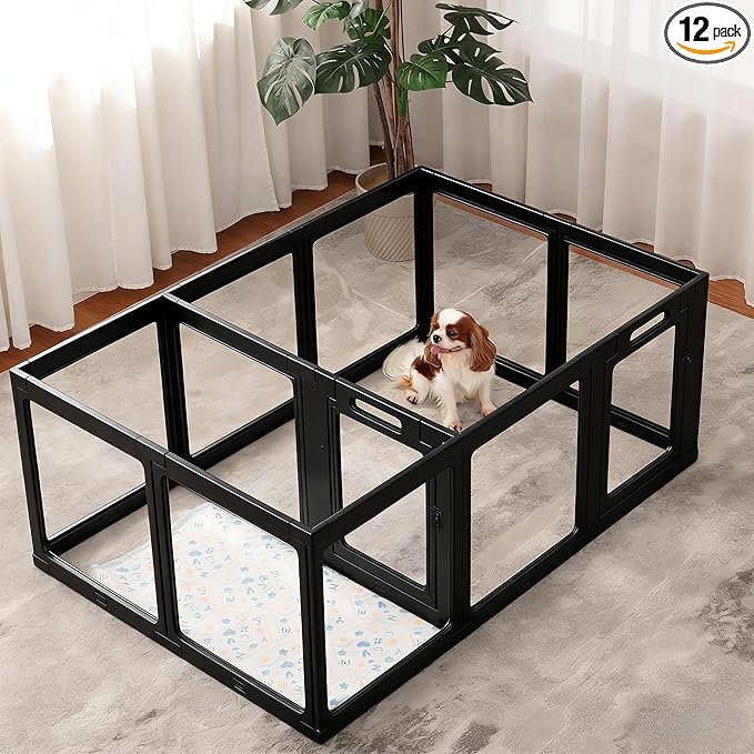 Clear Acrylic Dog Playpen Indoor, Puppy Cat Small Pet 2 Room Play Pen, Pet Cat Playpen for Rabbits, Dog Fence Crate Kennel Whelping Cage (24", Black, 12 Panel)
