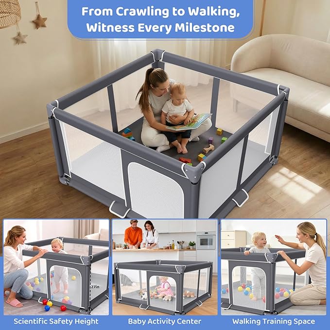 Foldable Baby Playpen with Mat, 50"x50" Safety Play Yard for Babies & Toddlers - Indoor & Outdoor Use with Carry Bag - Collapsible, Portable Play Yard, Dark Gray