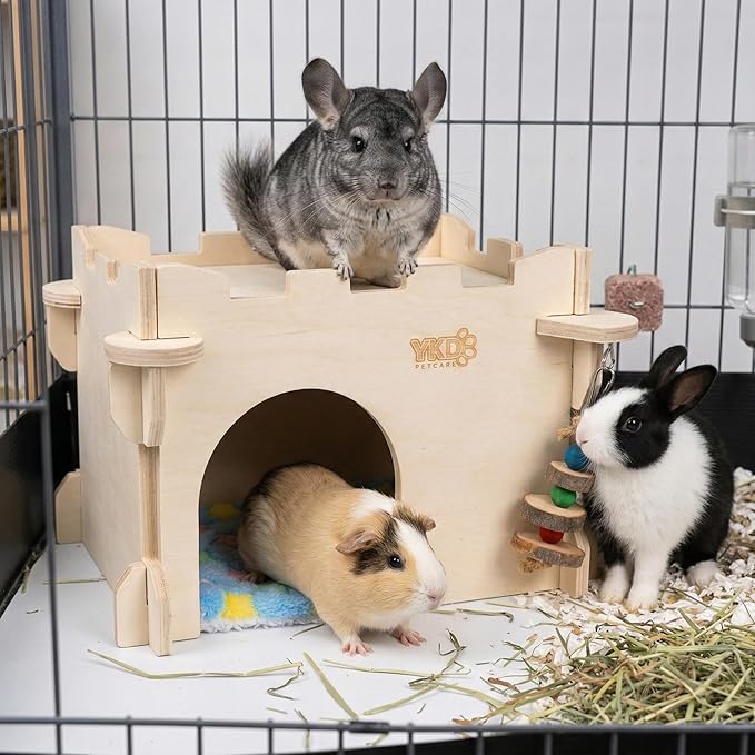 YKD Castle Chinchilla House, Small Animal Hideout for Chinchilla, Guinea Pig, Hedgehog, or Rat, Ventilated Wooden Guinea Pig Hut Habitat with Multiple Doors (Medium)