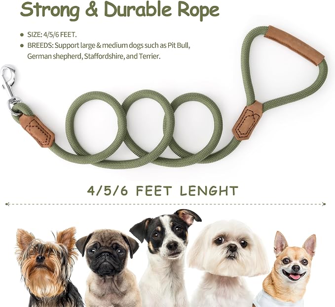 Mile High Life Leather Dog Leash, Heavy Duty Strong Genuine Leather Handle Rope Leash Soft and Comfortable for Small Medium Large Dogs (Olive Green, 60 Inch)