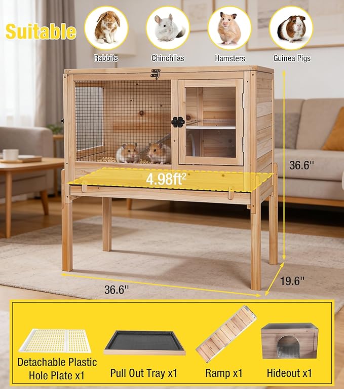 Aivituvin Guinea Pig Cages, Rabbit Hutch with Anti-Chew Frame, Bunny Cage with Deepened Pull-Out Tray, 3 Openable Areas, Assemblable Legs, Ramp & Hideout Included - Wooden