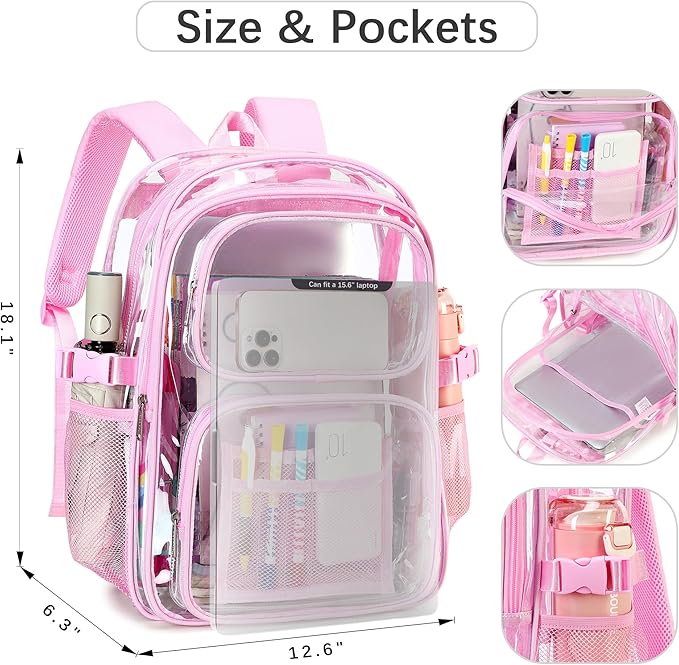 abshoo Large Heavy Duty Girls Clear Backpack for School Bookbag Transparent Multi Pocket Backpacks for Women (Pink)