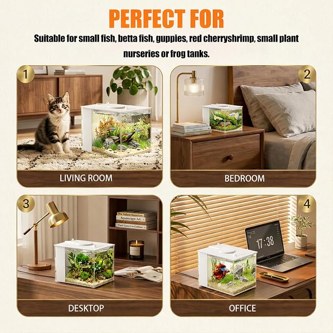 Vehipa 3.7L (1 Gal) Betta Fish Aquarium, Acrylic Small Fish Tank Kit White | Water Filter Pump & LED Light, Ideal for Small Fish, Plants and Shrimp