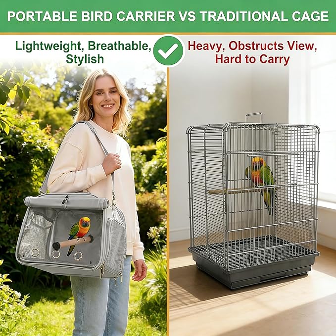 Small Bird Carrier Travel Cage, Portable Bird Cages Bag with Standing Perches for Parrots, Breathable Birds Backpack with Transparent Window for Parakeet Cockatiel Budgies, Grey