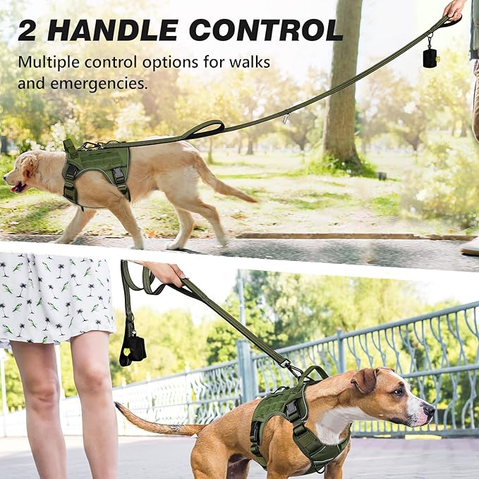 WINGOIN Dog Leash for Large Medium Small Dogs, Heavy Duty Dog Leashes with Double Handle, Poop Bag Holder, Car Seat Belt Buckle, Reflective Tactical Pet Lead for Walking, Training (Green, 5FT)