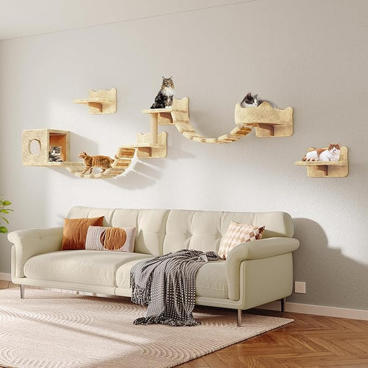 Cat Wall Shelves, Wall Mounted Cat Shelf Furniture with Plush Fabric (9 Piece Set), Cats Furniture with Condos, House, Steps, Bridge Ladder, Scratching Post, Beige