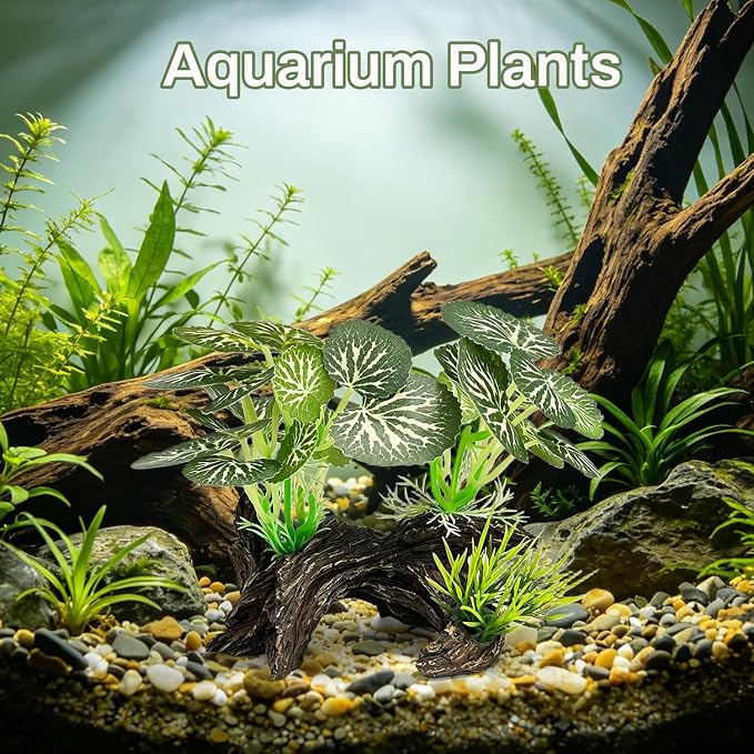Silk Aquarium Plants with Artificial Driftwood | Soft silk plants with resin driftwood, safe for fish, lifelike, durable, fits small & large tanks, maintenance-free.