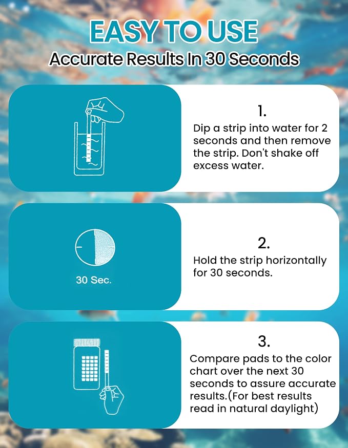 7 in 1 Aquarium Test Strips 100Pcs Fish Tank Aquariums Water Test Kit Fast & Accurate Water Testing for pH, Nitrate, Nitrite, Hardness & More Aquarium Test Strips for Fish Tank (Model DF012)