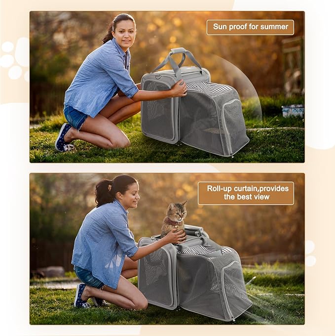 Expandable Cat Carrier with Portable Litter Box, Soft-Sided Pet Travel Carrier for Large Cats up to 20 lbs, Foldable Car Seat Crate for Long Distance Road Trips, Light Gray