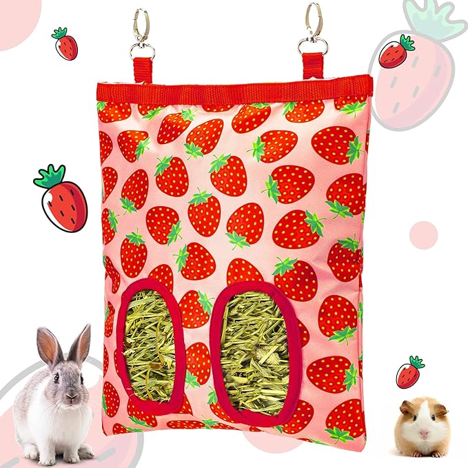 Rabbit Hay Feeder, Hanging Guinea Pig Hay Feeder Bag for Bunny Chinchilla Hamster with Back Hooks, 2 Holes, 9.8x11.4Inch