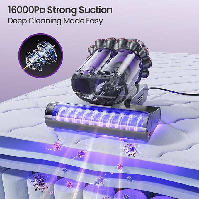 Xlife Mattress Vacuum, Bed Vacuum Cleaner with 2 Roller Brushes for Pet Hair, 253.7nm UV-C Light, 140F° Heating, 550W 16KPA Suction, HEPA Filter Couch Vauum for Bed, Sofa, Pillow, Baby Crib (Corded