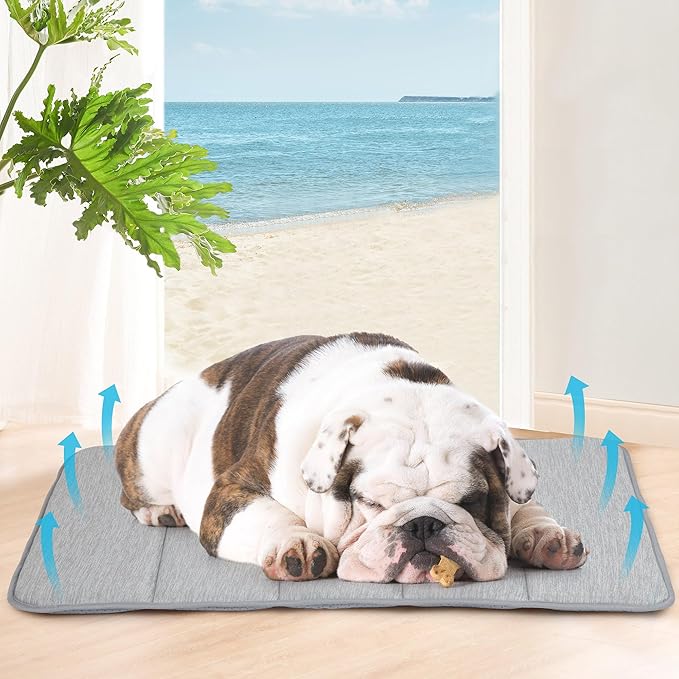 Cooling Dog Mat Q-Max>0.5 - Rapid Cooling Tech, Thin Breathable Crate Pad, Portable Washable Summer Mat, Chill Soothing Fabric - 30"x20" Medium Dog, Grey