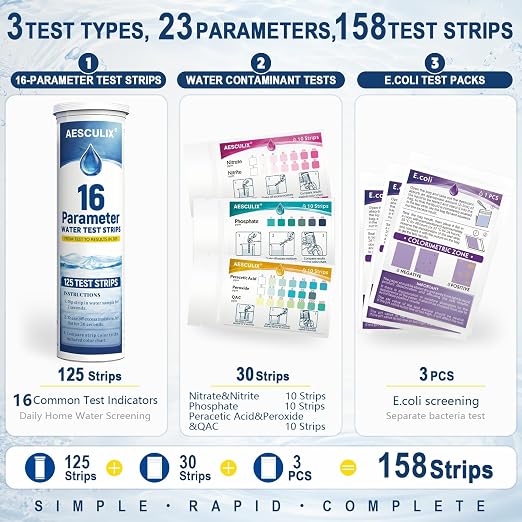 23 in 1 Water Test Kit for Drinking Water 158 Strips, Upgraded Home Water Testing Strips for Well & Tap Water, Detects Hardness, Chlorine, pH, Lead, Iron, Copper & More