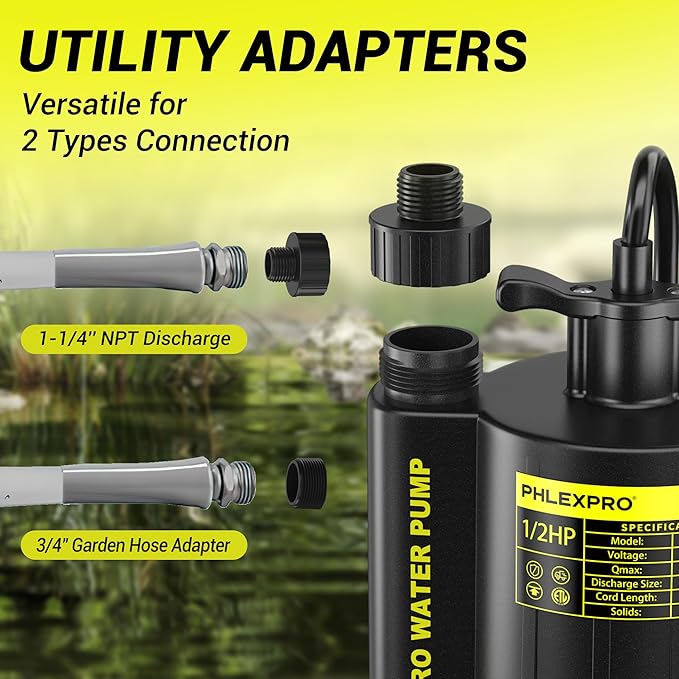 1/2HP Automatic Submersible Water Pump,110V Sump Pump Submersible with 2650 GPH Water Removal, 3/4” Garden Hose Check Valve Adapter for Swimming Pool Cover Hot Tubs Flooded House Basement