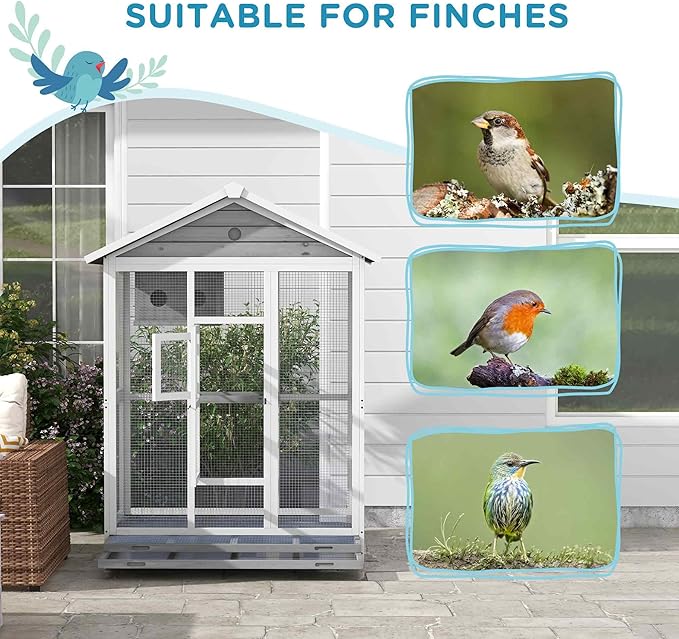 PawHut 64.5" Wooden Bird Cage Aviary, Flight Cage with 4 Perches, Nest and Slide-Out Tray for Indoor/Outdoor, Gray