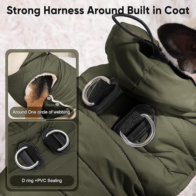 Vecomfy Fleece Lining Dog Hoodie with Harness Built in,Extra Warm Small Dog Jacket in Winter Puppy Coats with Drawstring Hooded,Green S