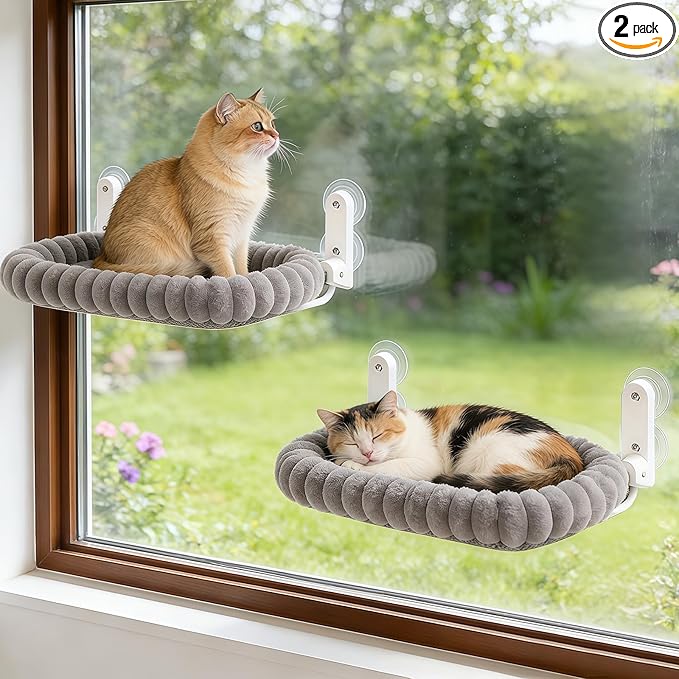 Zoratoo 2PC Cat Window Perch with Bolster Foldable Cat Hammock Cushion Bed for Window with Metal Frame, Cloud-Cuddle Cordless Window Resting Seat for Indoor Cats (Cushion Bed, Gray-M)