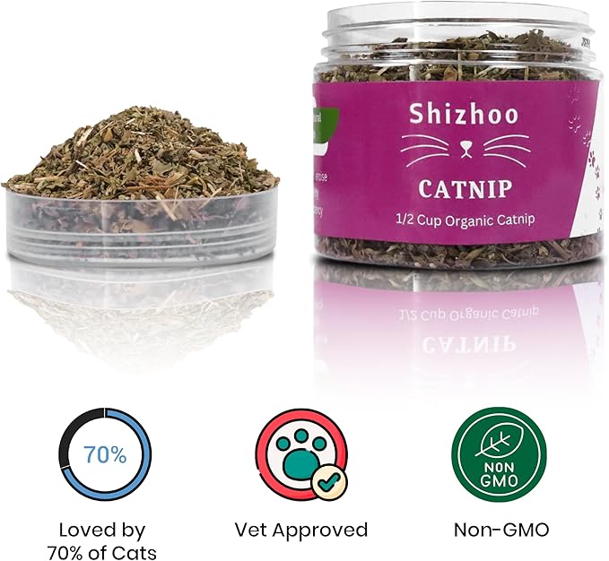 Catnip for Cats with Leaves and Flower Seeds 100% Natural and Organic Catnip Premium Cat Nip for Cats & Kittens Used as a Snack or Refillable Catnip Treats for Cats (1/2 Cup)